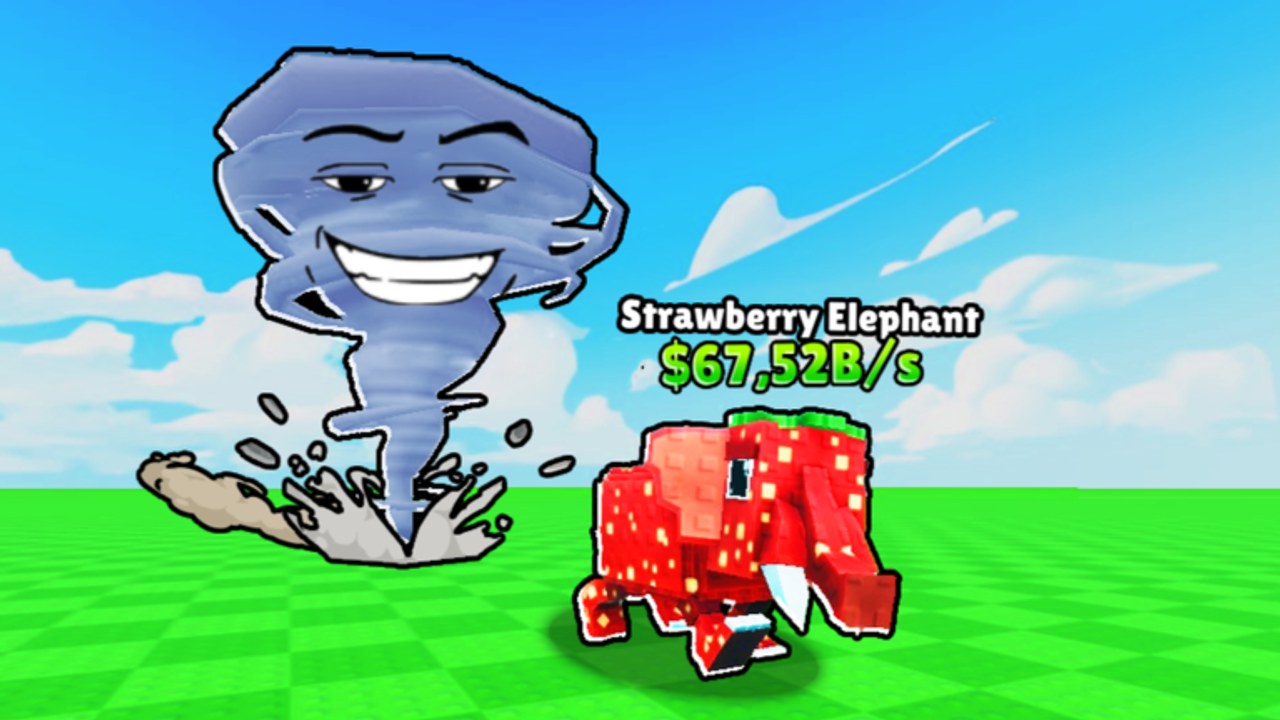 Cartoon tornado next to a Strawberry Elephant Brainrot showing 67.52 billion cash per second in Be Tornado For Brainrots