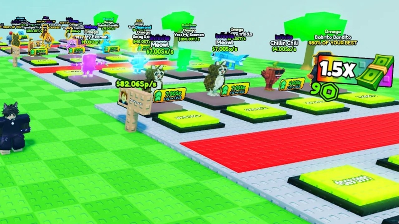 Be Tornado For Brainrots plot with Meowl, Chillin Chili, Omega Bobrito Bandito, and 1.5x cash pads on green grass